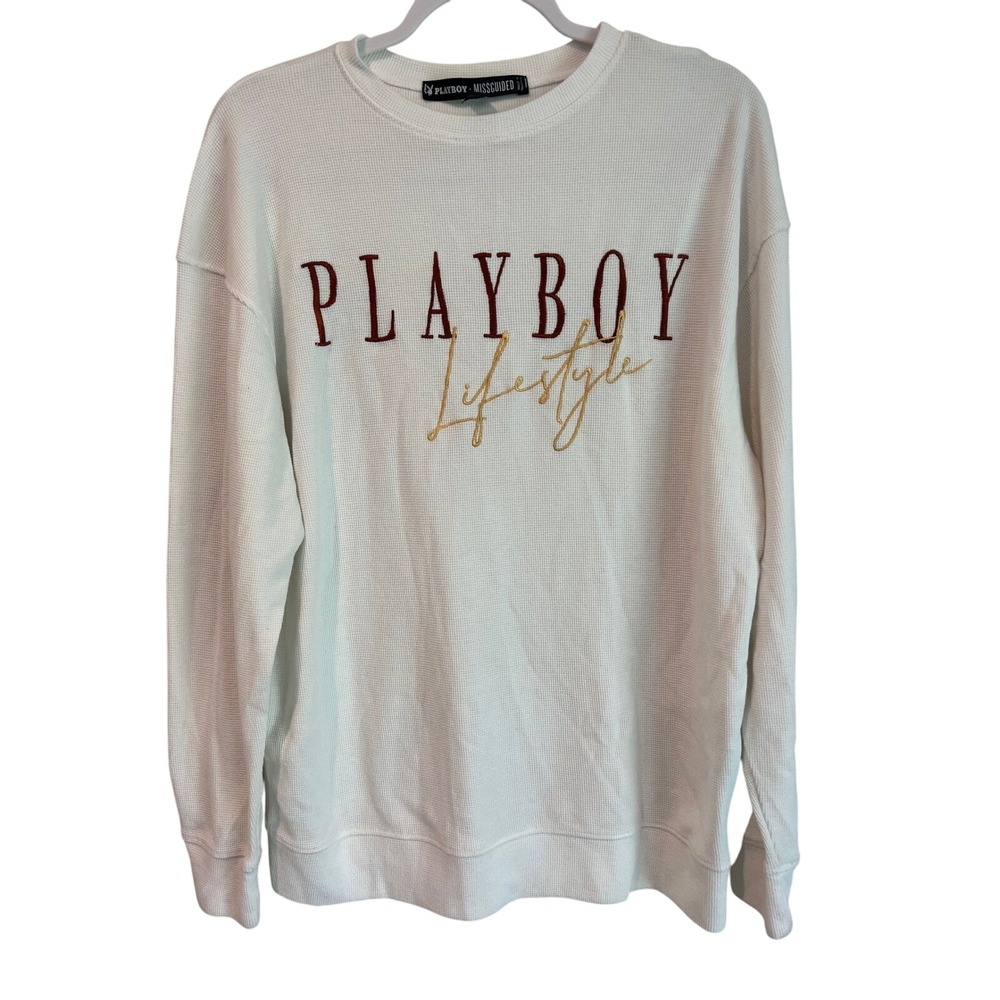 PLAYBOY Lifestyle White‎ Waffle Knit Thermal Long Sleeve Crewneck Sweatshirt